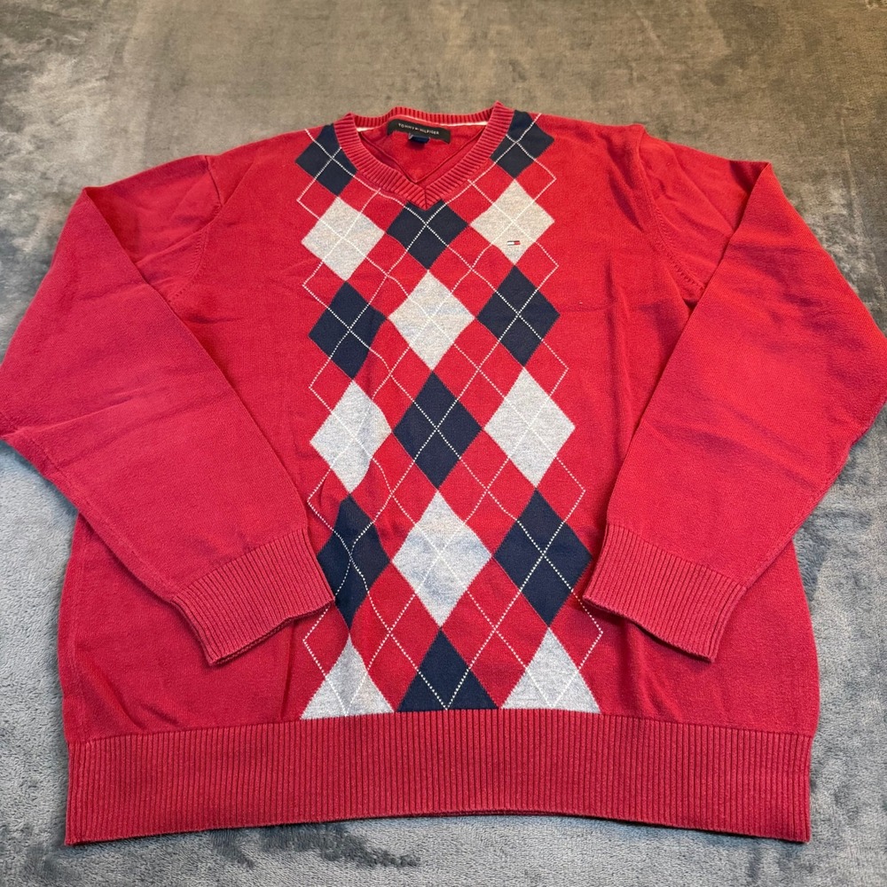 Tommy Hilfiger Red Argyle V-Neck Sweater Pullover Preppy Mens Large